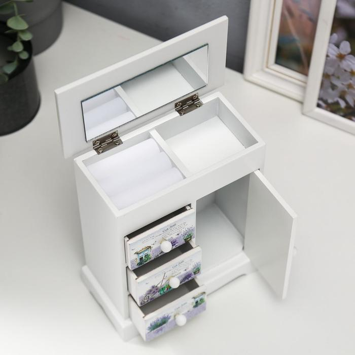 Шкатулка дерево комод 3 ящика+дверка Шкатулка дерево комод 3 ящика+дверка "Лавандовое поле" 18,8х16,1х8,2 см