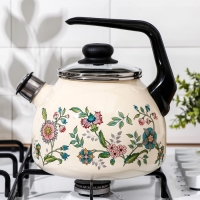 Чайник со свистком &laquo;Луговые цветы&raquo;, 3 л, фиксированная ручка, цвет бежевый, индукция