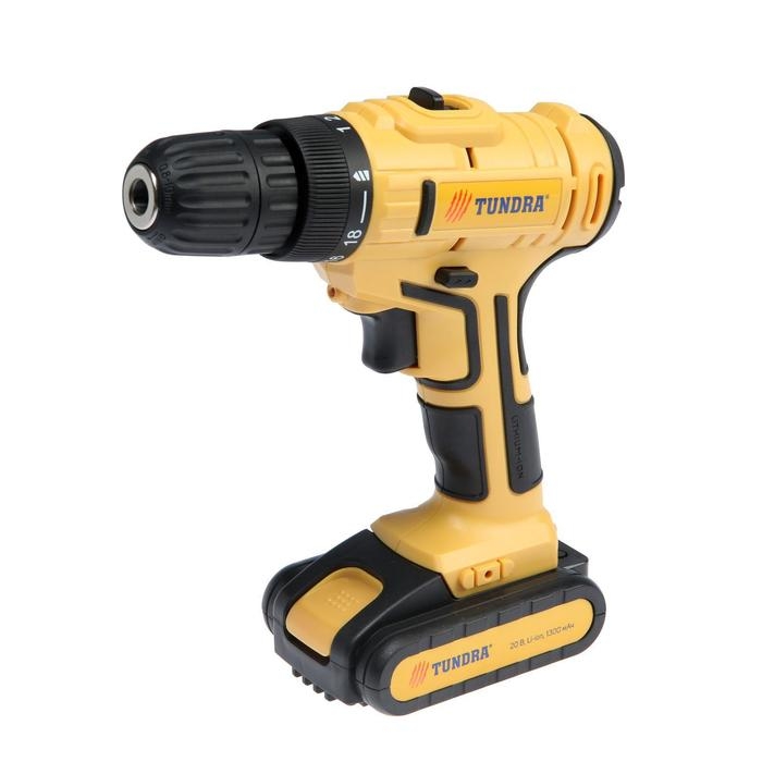 Шуруповерт ТУНДРА, патрон БЗ до 10 мм, LED, 2 х Li-ion 1.3 Ah 20V, 350/1250 об/мин, 28 Н*м Шуруповерт ТУНДРА, патрон БЗ до 10 мм, LED, 2 х Li-ion 1.3 Ah 20V, 350/1250 об/мин, 28 Н*м