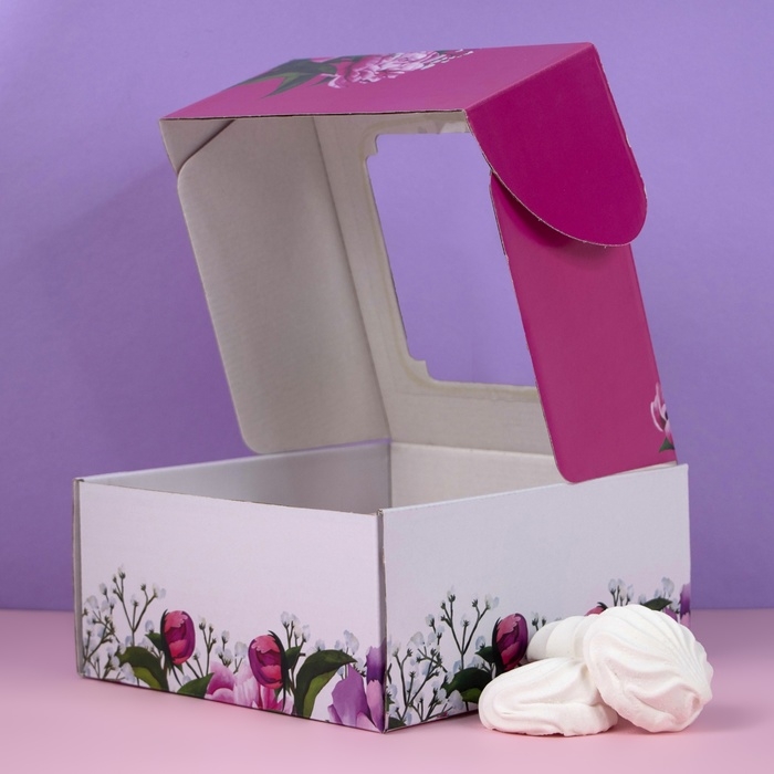 Коробка самосборная, с окном, "Весенние пионы", 19 х 19 х 9 см