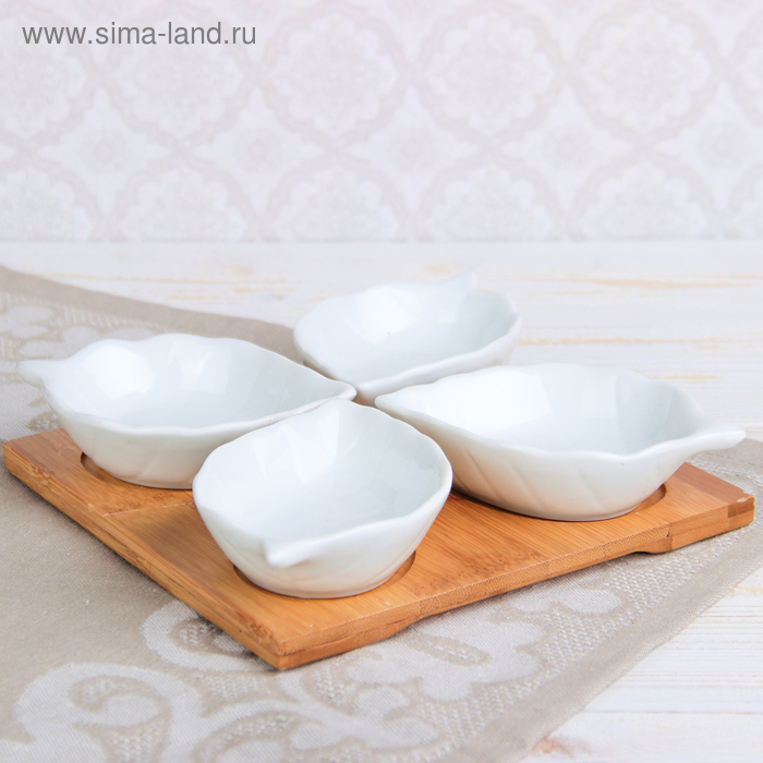 Набор салатников керамических на деревянной подставке &laquo;Эстет. Лист&raquo;, 4 предмета: 50 мл, цвет белый