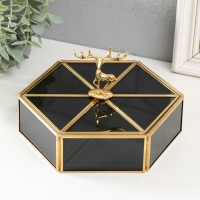 Шкатулка стекло с металлическим каркасом"Золотой олень" многогранник чёрная 20х17,5х11,2 см 99327 Шкатулка стекло с металлическим каркасом"Золотой олень" многогранник чёрная 20х17,5х11,2 см 99327