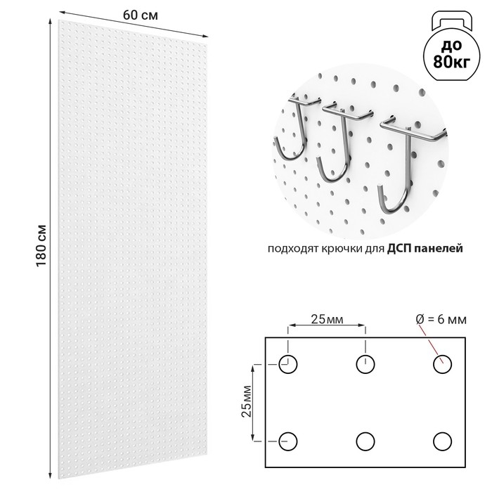 Настенная перфорированная панель односторонняя 60&times;0,6&times;180 см, шаг 2,5 см, цвет белый