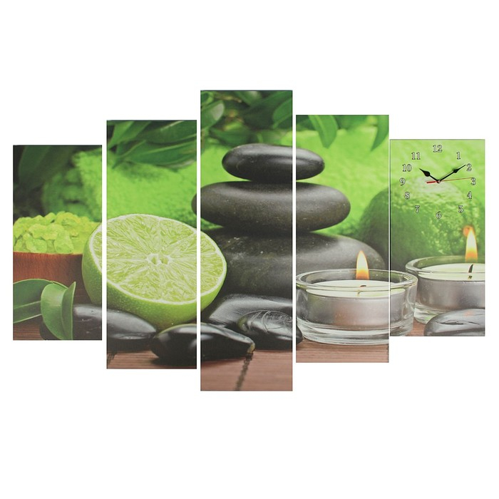 Часы-картина настенные, модульные Часы-картина настенные, модульные "Лайм, свечи и камень", бесшумные, 80 х 140 см