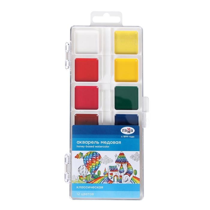 Акварель 12 цветов Акварель 12 цветов "Гамма" "Классическая", медовая, без кисти, пластик