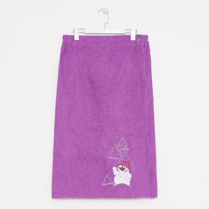 Килт женский для бани и сауны, цвет сиреневый вышивка Снеговик, размер 80х150&plusmn;2 см, махра 300г/м 100% хлопок