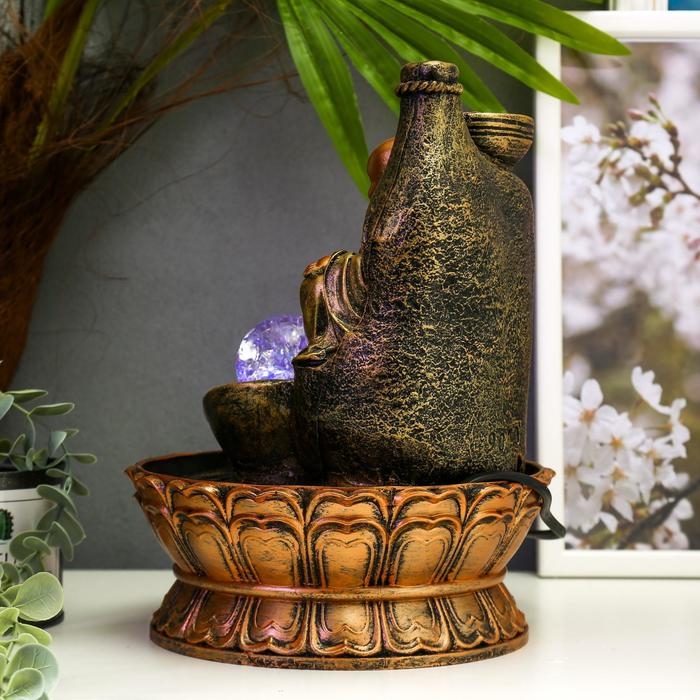 Фонтан настольный от сети, подсветка "Хотей у скалы с водопадом" 27х20х20 см