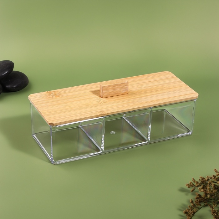 Органайзер для хранения «BAMBOO», с крышкой, 3 секции, 23,3 × 9,4 × 8,9 см, цвет прозрачный/коричневый Органайзер для хранения «BAMBOO», с крышкой, 3 секции, 23,3 × 9,4 × 8,9 см, цвет прозрачный/коричневый