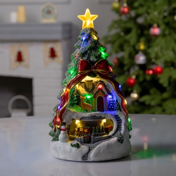 Светодиодная фигура &laquo;Поезд и оленёнок&raquo; 26 &times; 14 &times; 14 см, полистоун, батарейки АААх2 (не в комплекте), свечение мульти