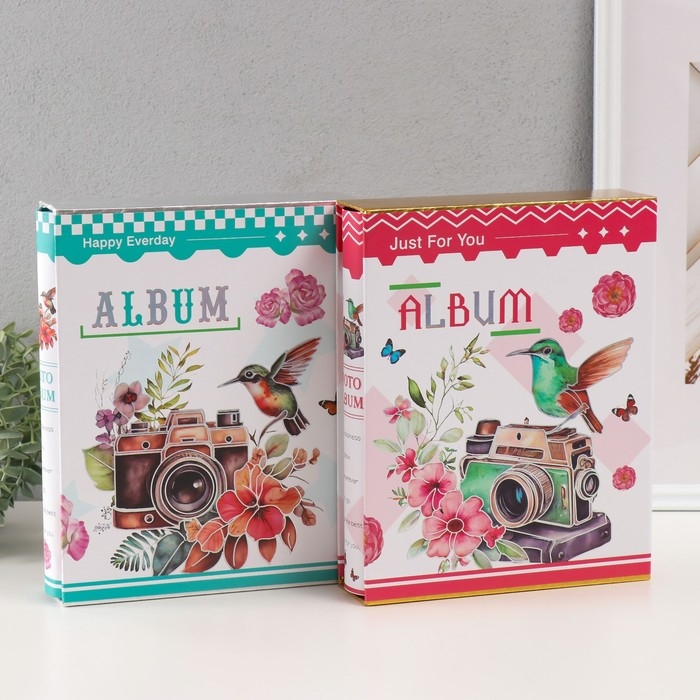 Фотоальбом на 100 фото 10х15 см "Камера и колибри" серебро, в коробке МИКС 5,5х20.8х26 см