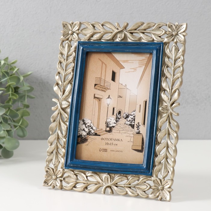 Фоторамка полистоун 10х15 см Фоторамка полистоун 10х15 см "Цветочная коса" синяя с золотом 17,5х1,5х22,7 см