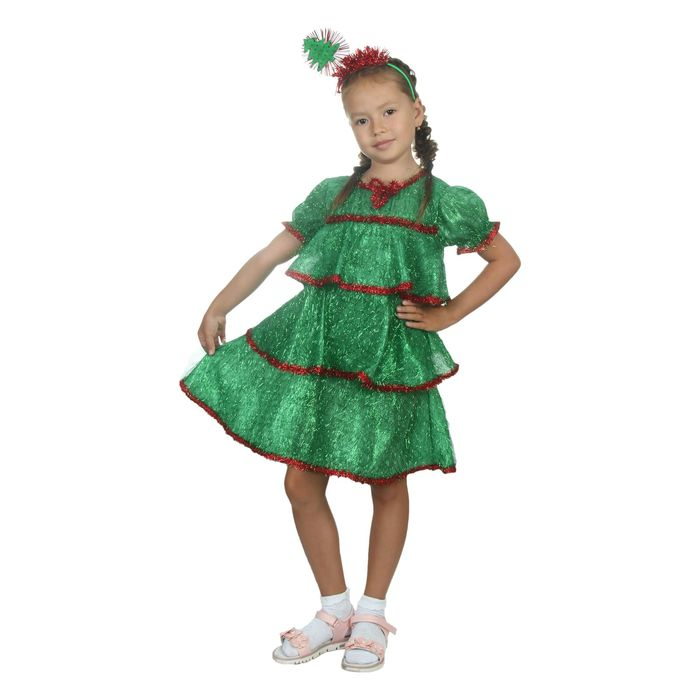 Карнавальный костюм &laquo;Ёлочка искристая&raquo;, кокошник, платье ярусами, р. 32, рост 122-128 см