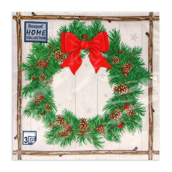 Новогодние салфетки бумажные Home Collection &laquo;Венок с шишками&raquo;, 3 слоя, 33х33 см, 20 шт