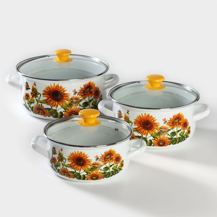 Набор кастрюль &laquo;Подсолнечник&raquo;, 3 предмета: 2 л, 3 л, 4 л, эмалированная сталь, стеклянные крышки