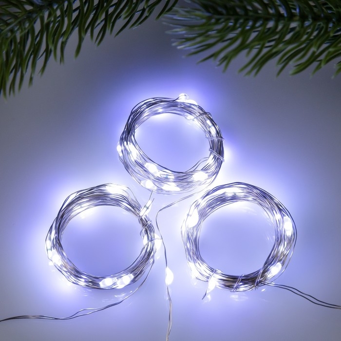 Набор гирлянд &laquo;Нить&raquo; 2 м роса, IP20, серебристая нить, 20 LED, свечение белое, 3 режима, батарейки AG13х3 (в комплекте), 3 шт.