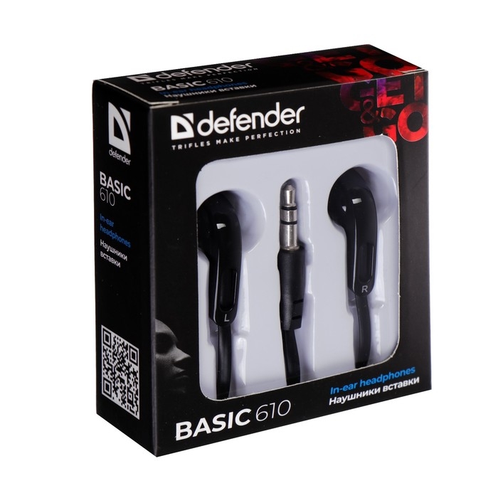Наушники Defender Basic 610, вакуумные, 105 дБ, 32 Ом, 3.5 мм, 1.1 м, чёрные