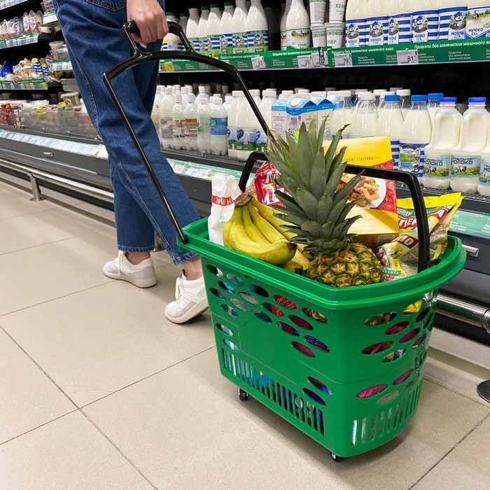 Корзина-тележка на 4 колесах пластиковая, 38 л, с 2 пластиковыми ручками, цвет зелёный