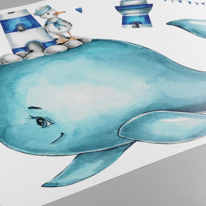 Наклейка пластик интерьерная цветная "Кит с маяком и чайкой" 40х60 см