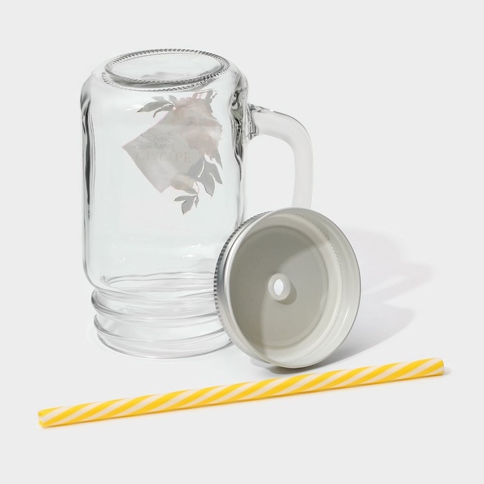 Кружка стеклянная Доляна &laquo;Счастье&raquo;, 450 мл, 10&times;7,5&times;13 см, с ручкой, крышкой и трубочкой