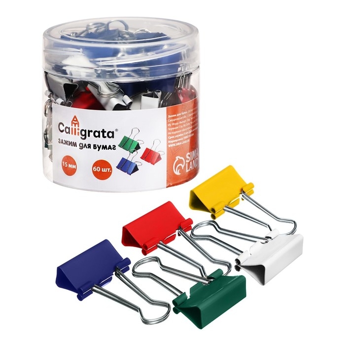 Набор зажимов для бумаг цветных 15мм 60 штук, 5 цветов, в пластиковой тубе Набор зажимов для бумаг цветных 15мм 60 штук, 5 цветов, в пластиковой тубе