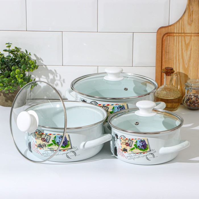 Набор кастрюль &laquo;Фиалка Монмарта&raquo;, 3 предмета: 1,5 л, 2 л, 3 л, крышки, индукция