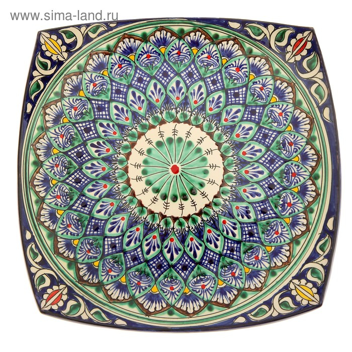 Ляган Риштанская Керамика "Узоры", 25 см, квадратный, синий, микс