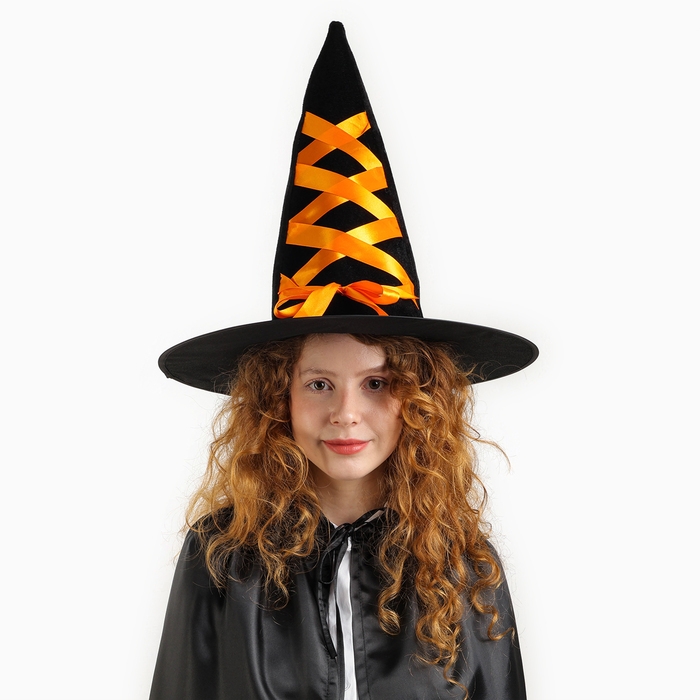 Шляпа-конус &laquo;Ведьмочка&raquo;, с завязками, лента цвета МИКС