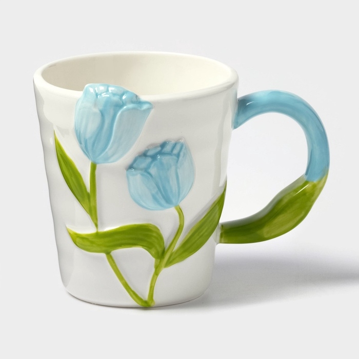 Кружка «Тюльпан», 350 мл, голубой цветок, керамика, белая Кружка «Тюльпан», 350 мл, голубой цветок, керамика, белая