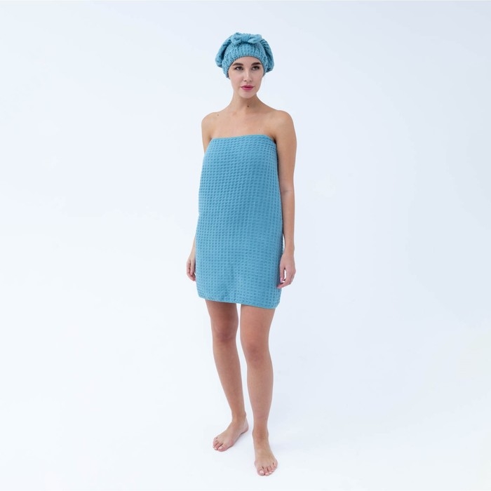 Набор для бани и ванной Этель «Вафля» полотенце 70*140 см+чалма 21*25 см, цв.синий Набор для бани и ванной Этель «Вафля» полотенце 70*140 см+чалма 21*25 см, цв.синий