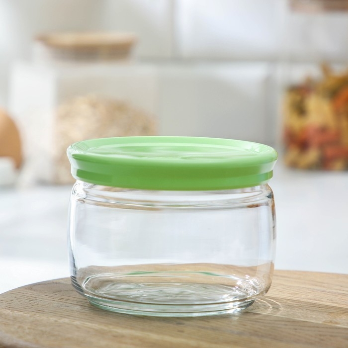 Банка для сыпучих продуктов стеклянная Cesni, 420 мл, зелёная пластиковая крышка Банка для сыпучих продуктов стеклянная Cesni, 420 мл, зелёная пластиковая крышка