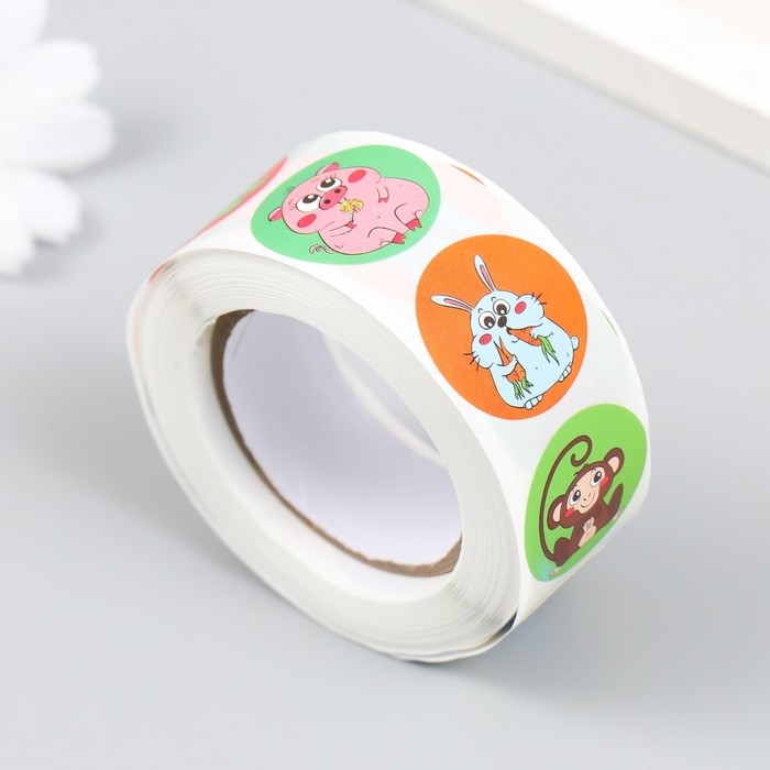 Наклейка бумага Наклейка бумага "Весёлый зоопарк" d=2,5 см 500 шт в рулоне 3х6,5х6,5 см