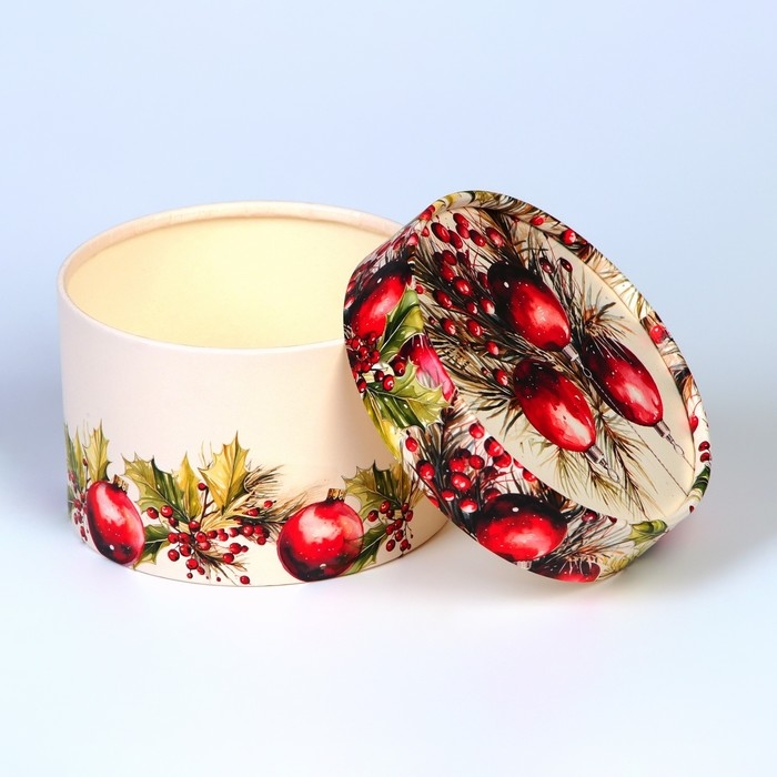 Новый год. Коробка подарочная новогодняя для макарун тубус без окна Новый год. Коробка подарочная новогодняя для макарун тубус без окна "Гранат", 12 х 8 см.