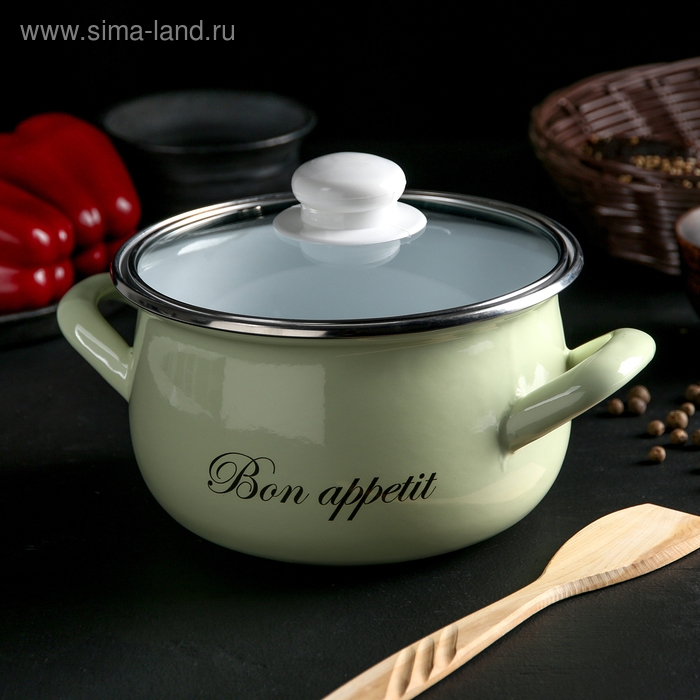 Кастрюля эмалированная «Лайм», 2.1 л, стеклянная крышка, индукция, цвет светло-зелёный Кастрюля эмалированная «Лайм», 2.1 л, стеклянная крышка, индукция, цвет светло-зелёный