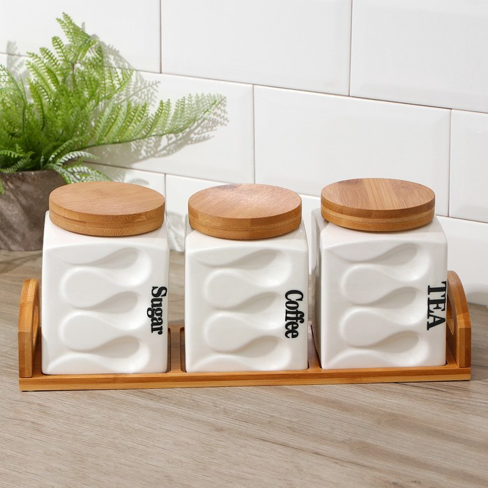 Банки для хранения сыпучих продуктов на деревянной подставке &laquo;Эстет. Волны&raquo;, 3 предмета: 900 мл, 12&times;14,5 см, керамические, цвет белый