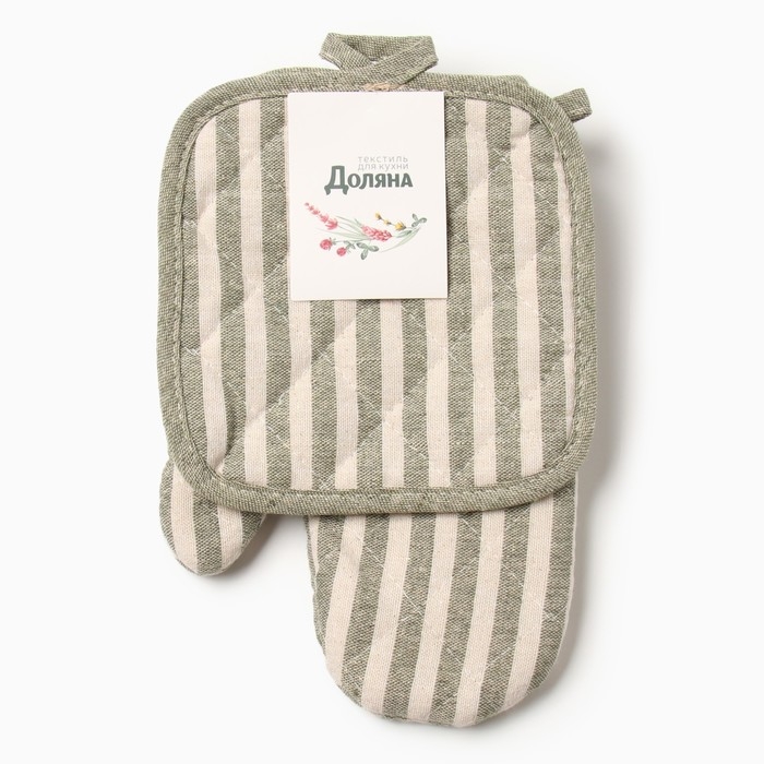 Набор кух.Доляна Полоса цв.зеленый,варежка-прих.25х17см, прихватка 17х17 50% п/э 50% хл