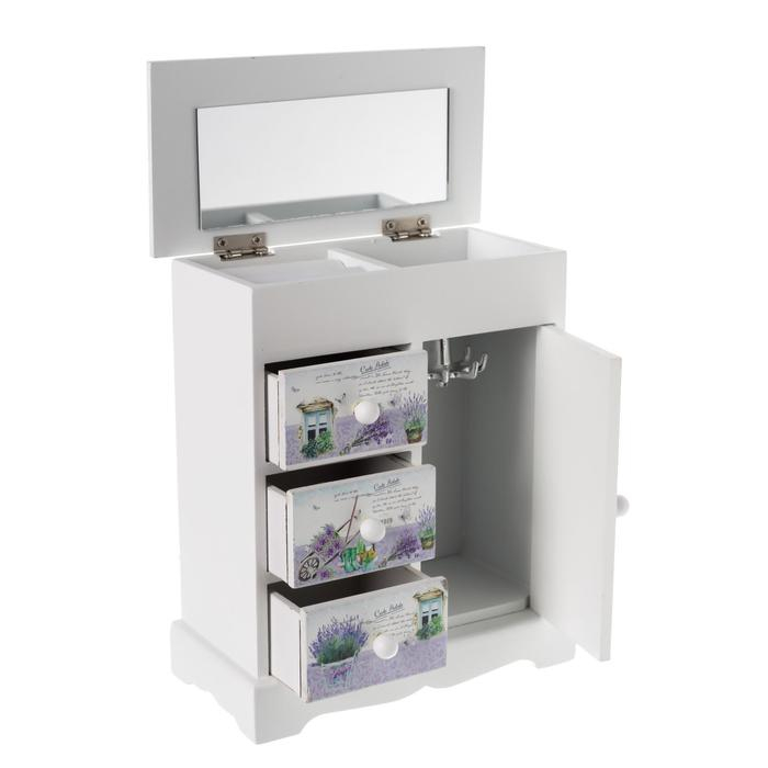 Шкатулка дерево комод 3 ящика+дверка Шкатулка дерево комод 3 ящика+дверка "Лавандовое поле" 18,8х16,1х8,2 см