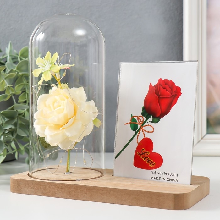 Фоторамка 9х13 см свет "Белая роза в колбе" от батареек 2хLR1130 9,8х19,5х18 см