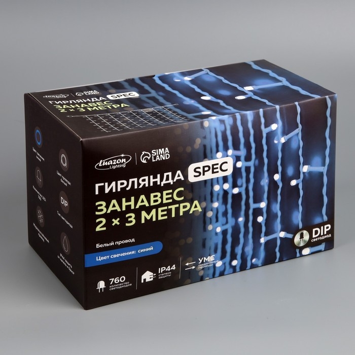 Гирлянда «Занавес» 2 × 3 м, IP44, УМС, белая нить, 760 LED, свечение синее, 220 В Гирлянда «Занавес» 2 × 3 м, IP44, УМС, белая нить, 760 LED, свечение синее, 220 В