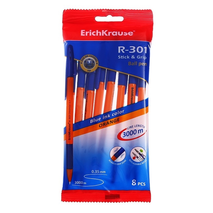 Набор ручек шариковых ErichKrause R-301 Orange Stick&Grip, 8 штук, узел 0.7 мм, цвет чернил синий, резиновый упор, корпус оранжевый