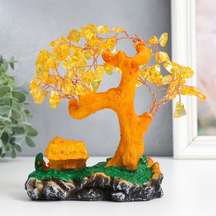 Сувенир бонсай Сувенир бонсай "Денежное дерево с янтарём - домик" 90 камней 18х17х5,5 см