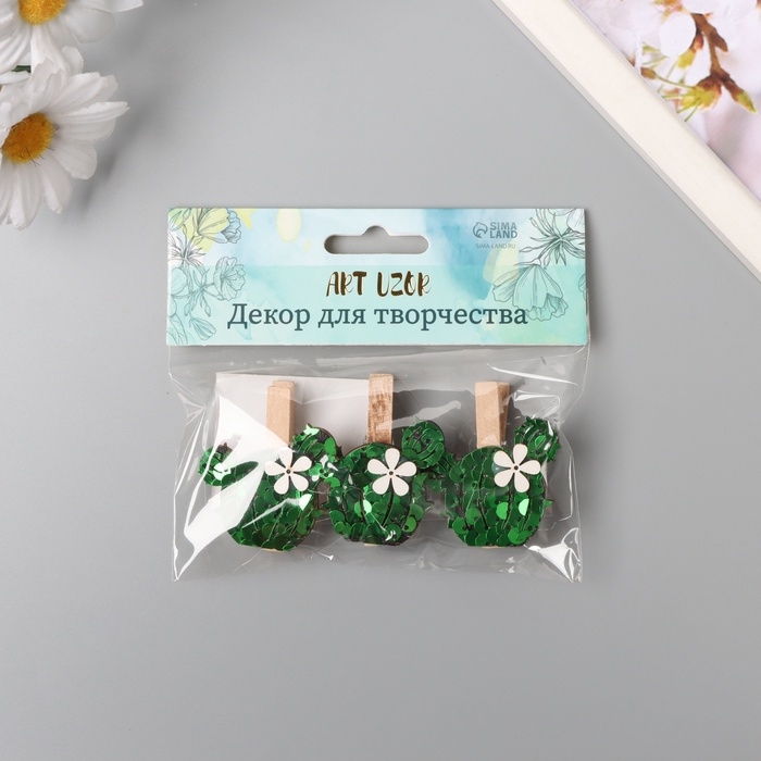 Декор для творчества дерево Декор для творчества дерево "Прищепка. Кактус с цветком" пайетки набор 3 шт 1,5х4х4,8 см