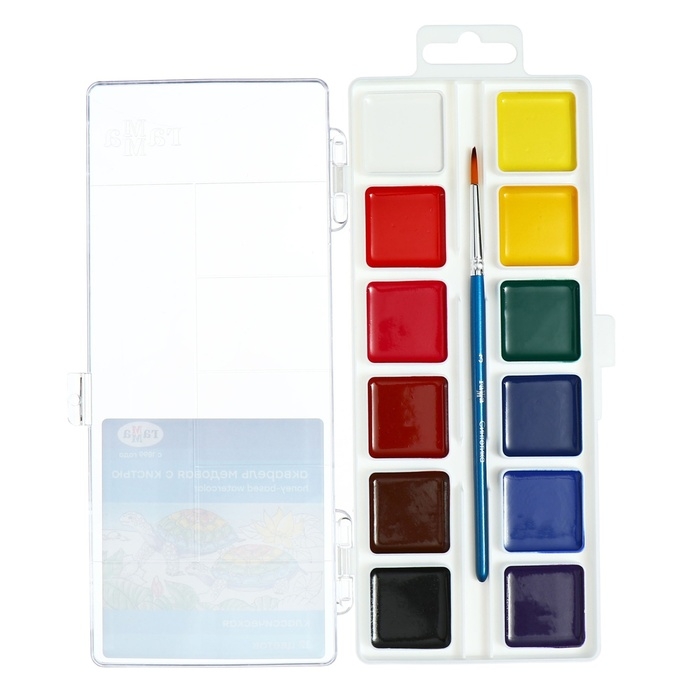 Акварель 12 цветов Гамма "Классическая", медовая, с кистью, пластиковая упаковка, европодвес (1009201)