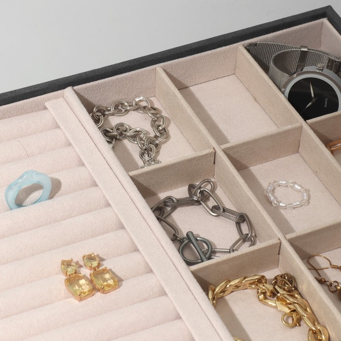 Подставка для украшений 9 ячеек и 12 полос для колец, флок, 35&times;24&times;3 см, цвет серо-бежевый