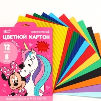 Картон цветной гофрированный, А4, 12 листов, 12 цветов, немелованный, двусторонний, в папке, 230 г/м², Минни Маус и Единорог Картон цветной гофрированный, А4, 12 листов, 12 цветов, немелованный, двусторонний, в папке, 230 г/м², Минни Маус и Единорог