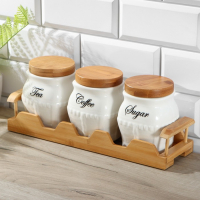 Банки для хранения сыпучих продуктов на деревянной подставке &laquo;Эстет&raquo;, 3 предмета: 650 мл, 11&times;13 см, керамические, цвет белый