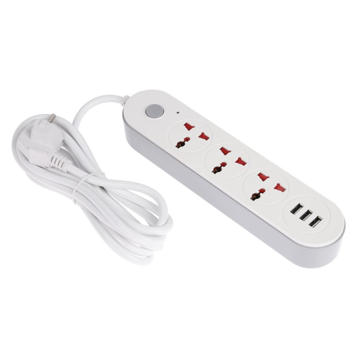 Удлинитель Luazon Lighting, 3 розетки, 3 м, 10 А, 2200 Вт, 2х0.75 мм2, 3хUSB, с выкл., Б Удлинитель Luazon Lighting, 3 розетки, 3 м, 10 А, 2200 Вт, 2х0.75 мм2, 3хUSB, с выкл., Б