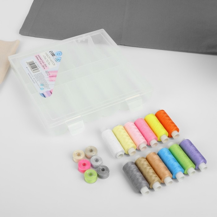 Набор ниток «Пастель», 40/2, 200 м, 18 шт, в органайзере, цвет разноцветный Набор ниток «Пастель», 40/2, 200 м, 18 шт, в органайзере, цвет разноцветный