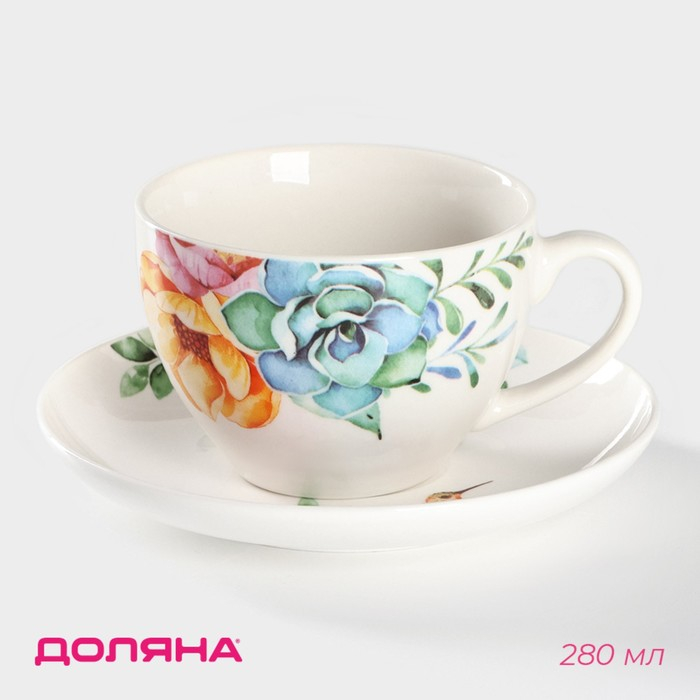 Чайная пара фарфоровая Доляна &laquo;Пташка&raquo;, 2 предмета: чашка 280 мл, блюдце d=15 см