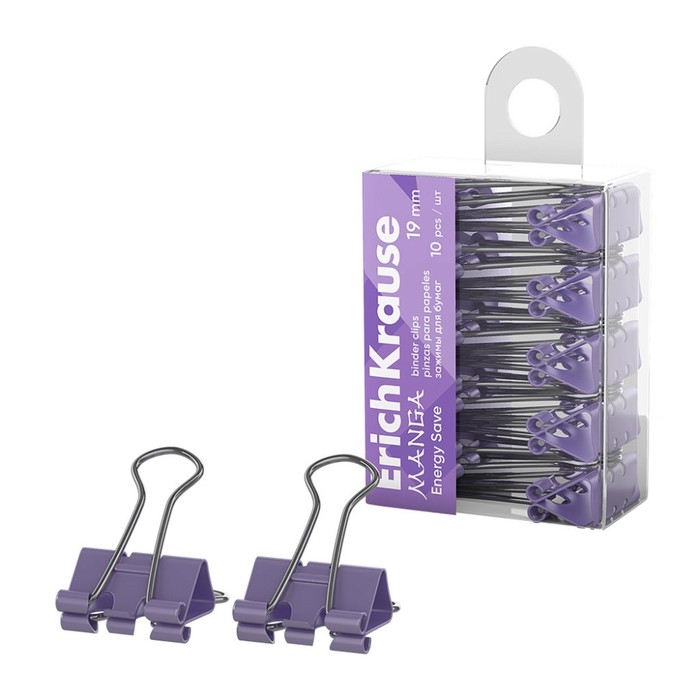 Набор зажимов для бумаг ErichKrause Набор зажимов для бумаг ErichKrause "Energy Save Manga", 19 мм, 10 штук, сиреневые, в пэт-боксе