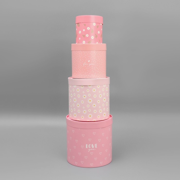 Набор шляпных коробок 4 в 1, упаковка подарочная, &laquo;Ромашки&raquo;, 12 х 12 - 20 х 20 см